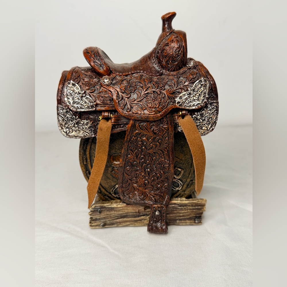 Tooled Leather Western Saddle Coaster Set w Holder Polyresin Rustic 4pc - Picture 3 of 4